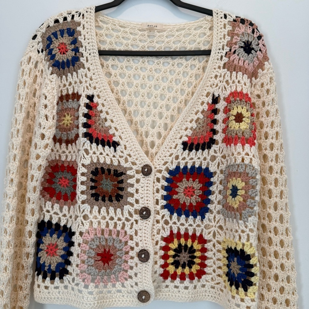 Debut Crochet Cream Granny Square Cardigan Sweater size M - Picture 2 of 11